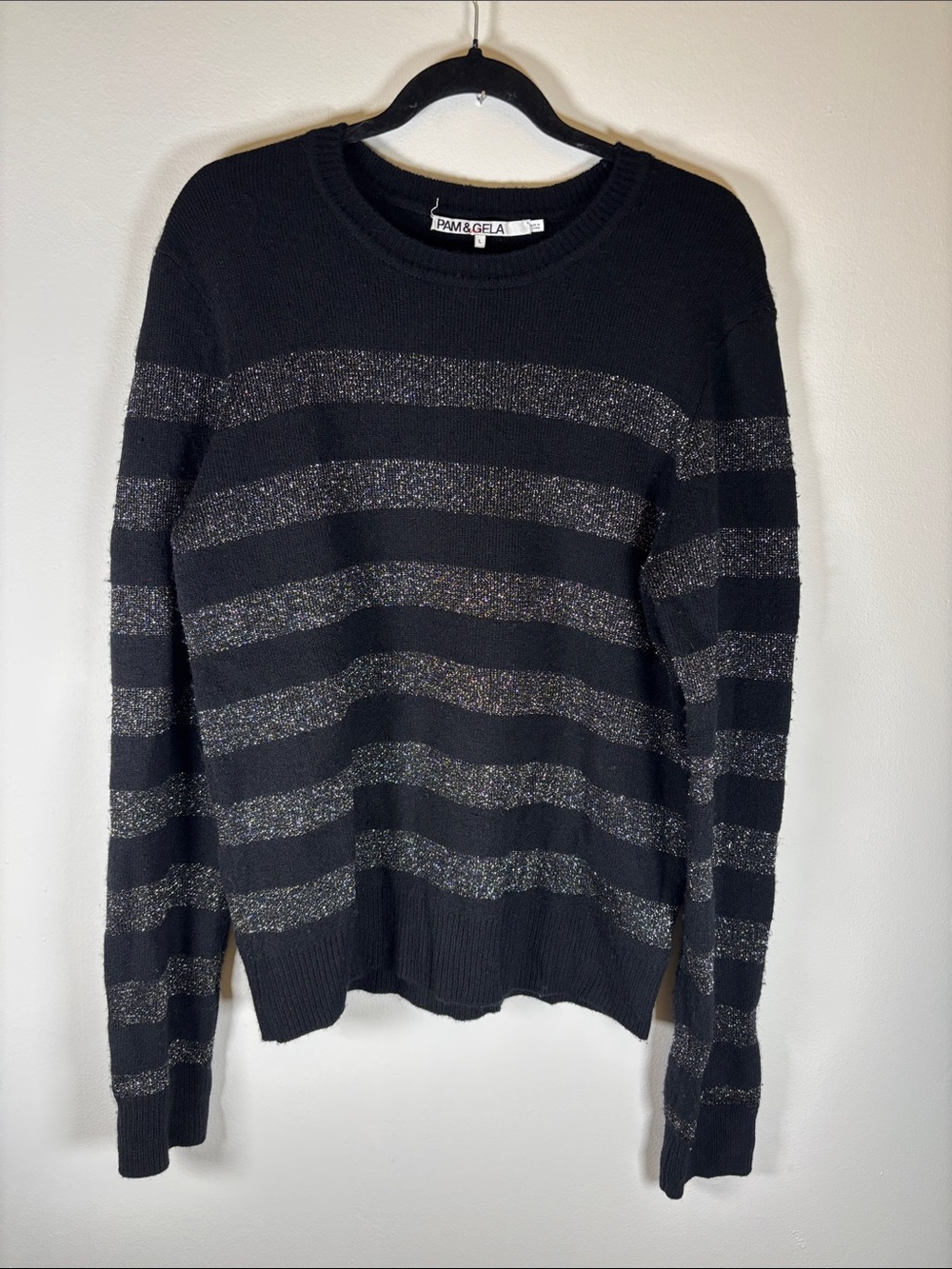 Pam & Gela Black Metallic Stripe Wool Blend Sweater Size Large